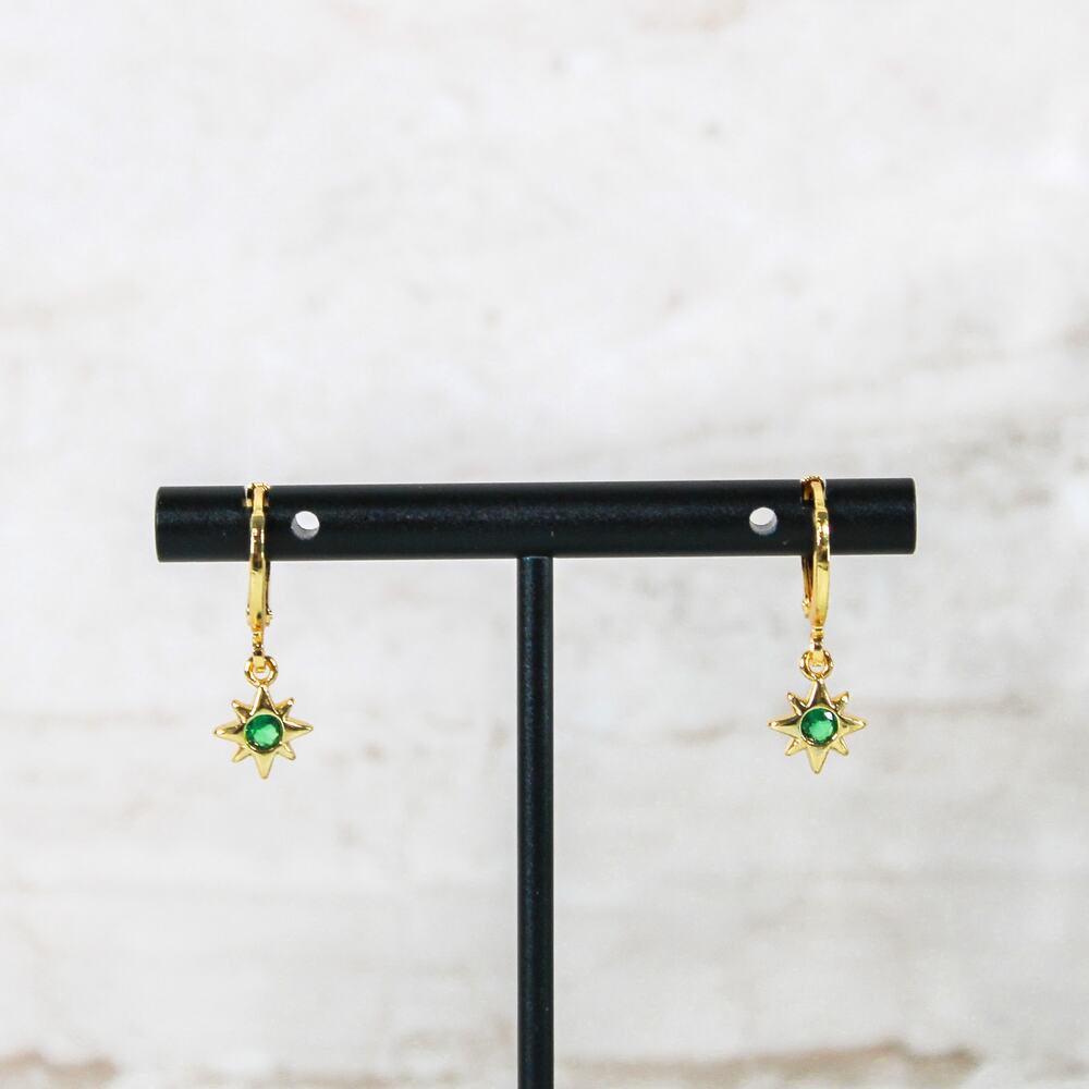 North Star Charm Huggie Hoop Earrings in Emerald Green and Gold